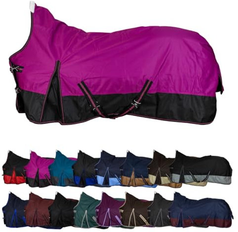RL24 - Weidedecke High Neck Basicline 600D – Regendecke & Übergangsdecke – wasserdichte Outdoordecke mit Kreuzbegurtung – Pferdedecke in Beere/Schwarz – Größe 155cm (200g/m² Füllung)