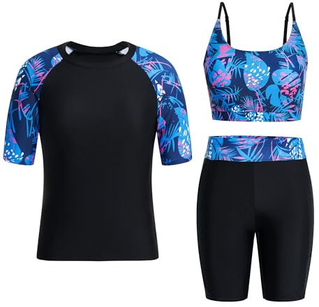 Owntop Damen 3-teiliger Rash Guard | UPF50+ UV Shirt | Kurzarm Rashguard-Shirts & Bikini Top & Hochtaillierte Boyshorts | Schnelltrocknend Badebekleidung Badeanzüge | Schwimmen Surfen | Rot M