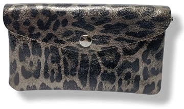 Porte-Monnaie Femme en Cuir Véritable Irisé, 15 cm x 8 cm, 3 Compartiments avec Fermeture Zippée, Protecteur RFID, Fabrication Italienne L (Bronze/léopard)
