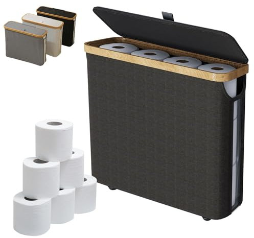 Toilet Paper Storage Basket,Toilet Roll Storage Basket with Lid,Bamboo Toilet Roll Basket Holder Organiser,Toilet Roll Storage Box,Free Standing Toilet Paper Container with Storage(Black)