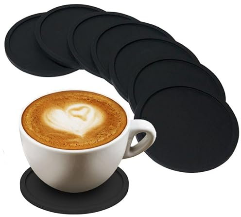 8 PCS Black Coasters, Thick Design(0.2inch) Round Mugs Coasters Set of 8, Silicone Coaster for Drinks, Coffee Pads Beer Bar Mat, Suitable for Various Cups, Wooden Tables,Home Decoration