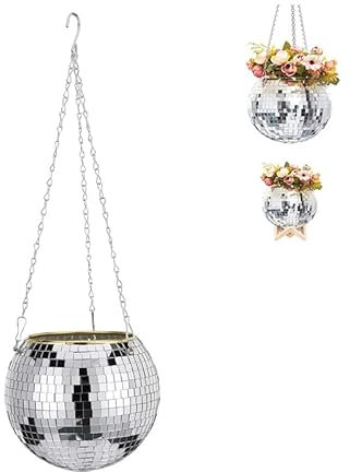 Generisch Mirror Ball Hanging Planter, Hanging Disco Ball Hanging Basket with Chain and Hooks,for Indoor Ceiling, Wall Decoration,Plant Protection for Indoor and Outdoor Use (M)