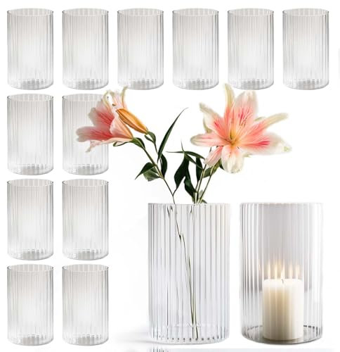 Glasvase 15cm hoch, 12er-Pack Riffelvase, runde Vase zur Tischdeko, Blumenvase, Kerzenglasflasche, Kieselflasche, für Party, Hochzeit, Bankettdeko(12, 8.5×15-Welligkeit)