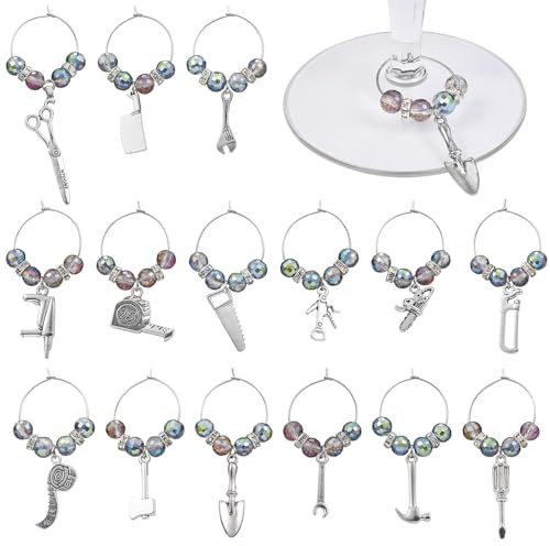 WEWAYSMILE 15 Pcs Wine Glass Charms Wine Charms for Stem Glasses for Drink Glass Tags for Cocktail Tasting Party Favors Supplies Goblet Glass Charm（Tools）
