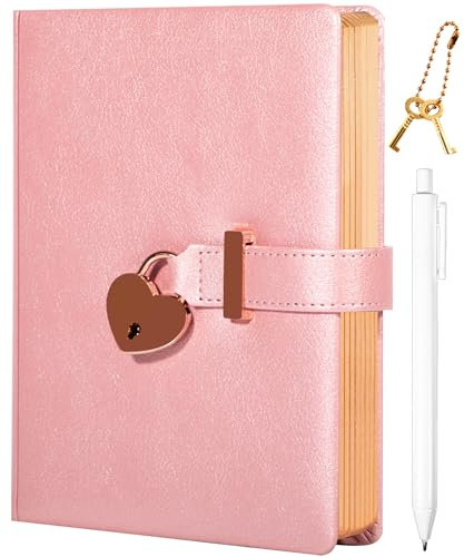 CAGIE CAGIEHeart Shaped Lock Diary with 2 Keys and Pen Golden Edge Lock Journal for Girls Women 290 Pages Journal with Lock for Writing, Travel, 5.3 x 7.1 inches, Pure Pink