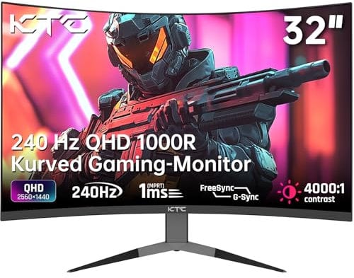 KTC Monitor 32 Pollici Curvo 1000R, 2K WQHD (2560x1440p) 240Hz Monitor Gaming, 1ms, Adaptive Sync, 122% sRGB, Contrasto 4000:1, 2 x DP 1.4 (240Hz), 2 x HDMI 2.0 (144Hz), Supporto Inclinazione e VESA
