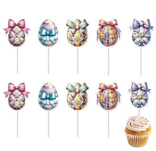 yupeuooe Eier-Cupcake-Topper, 10 Stile, niedliche Essens-bunte Eierspieße, Ostertag-Kuchenaufsätze, Kuchendekorationen für Babyparty, Partyzubehör
