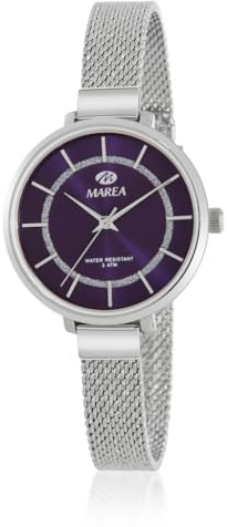 Marea Reloj de Mujer, Esfera Morada con Detalles Brillantes, Correa de Malla Plateada, Resistente al Agua 3 ATM