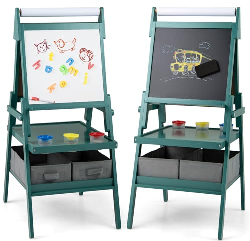 COSTWAY 3-in-1 Tafel Kinder, doppelseitige Kindertafel mit Papierrolle & magnetischer Kreidetafel & Whiteboard, inkl. 3 Farbbechern & 2 Boxen, Staffelei für Kinder ab 3 Jahren (Blau)