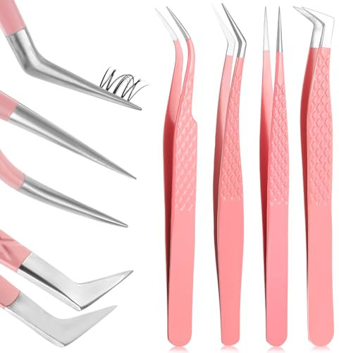 Nogeqi Lot de 4 pinces à cils en acier inoxydable pour cils, pinces à épiler pointues, recourbe-cils avec pointes, droites et incurvées pour extensions de cils (rayures rose)
