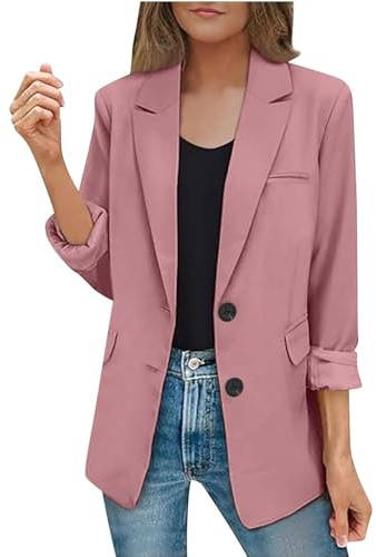 Generisch Blazer, giacca bolero da donna, elegante, con maniche a 3/4, casual, sportiva, estiva, business, ufficio, blazer, semplice, leggera, tinta unita, aperta, slim fit, da donna, Colore: rosa., M