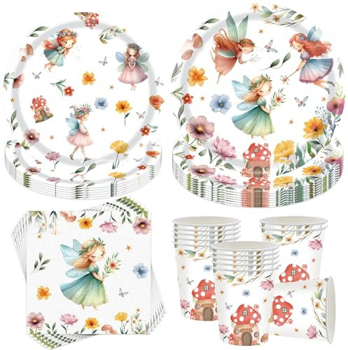 Sunshine smile Pack of 50 Butterfly Fairy Party Tableware, Fairy Butterfly Party Plates, Birthday Tableware, Butterfly Fairy Birthday, Paper Plates, Paper Cups, Napkins, Children's Birthday Decoration