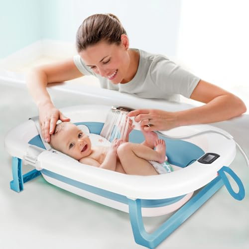 ☑Faltbare Babybadewanne mit rutschfestem Kissen, integriertem Thermometer, tragbares Design für Zuhause und Reisen, XL Babywanne zum Baden, leicht zu reinigen (Blau, 80 x 50 x 23 cm)