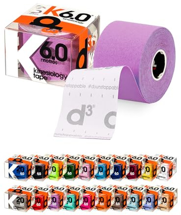 d3 K6.0 Kinesiology Tape 5cm x 6m Purple – Water Resistant Hypoallergenic Kinetic Tape for Knee Pain, Shoulder, Back & Muscle Support - Injury Recovery & Sports Tape Strapping Uncut Roll