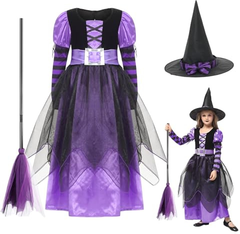 Smdbzda Hexenkostüm für Mädchen, 4 Teiliges Halloween Hexe Kostüm Kinder mit Hexenhut, Besen, Gürtel, Costumes Hexen Kostüm für Mädchen, für Halloween Karneval Maskerade Cosplay Party (XL)