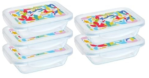 Pyrex® Cook & Go Set of 5 Rectangular Glass Storage Boxes with Airtight and Waterproof Lids – 20 x 15 cm – 0.8L – BPA Free (Multicolor lid)