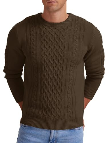 Hisir Pull Homme Hiver Cablé épais Col Rond Chaud Manches Longues Pullover Tricoté Col Rond Pulls Hommes
