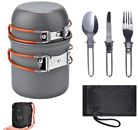 Fyearfly Camping Cookware Set - Portable Aluminum Pot with Cutlery Kit, Orange Handle, Lightweight for Easy Outdoor Cooking