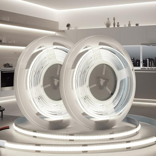 BRIMETI LED Streifen 12V 10M LED Strip COB Selbstklebend Weiß 6000K 8mm Breite 320LEDs/M, Flexibel IP20 Licht Band Leiste DIY, für TV, Beleuchtung Schlafzimmer (ohne Netzteil)