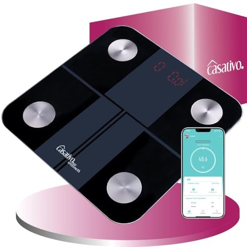 Casativo Digitale 14in1 Körperanalysewaage aus Glas, Bluetooth & App, max. 180 kg, Personenwaage mit grossem LED Display, Apple Health und Google Fit geeignet