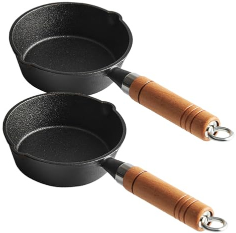 Sosoport 2 piezas Mini Cacerola de Hierro Fundido para Salsas y Aceite con Mango de Madera Resistente para Cocinar y Derretir Mantequilla Casa y Restaurantes
