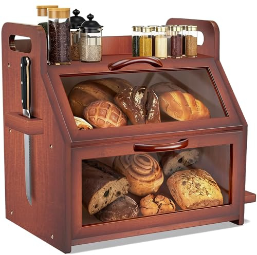 BAMBANG Extra Large Bread Box, Double Layer Bread Box for Homemade Bread, Bamboo Wooden Bread Storage Container with Tool Holder & Handles & Window, Assembly Required(38 x 28 x 40cm) Brown