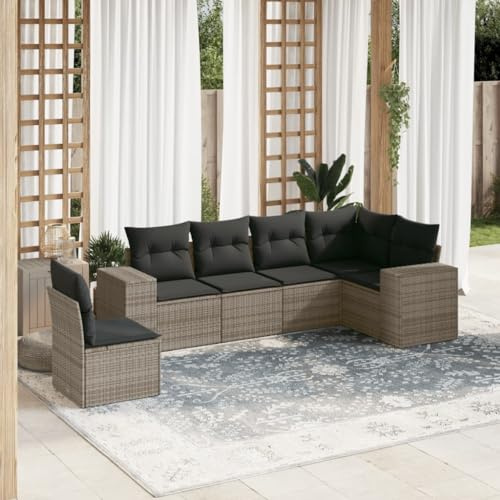 JHQHSM Ensemble de 6 canapés de jardin avec coussins gris en polyrotin - Design modulaire - Groupe de sièges en rotin synthétique - Rembourrage confortable - Housses amovibles pour terrasse