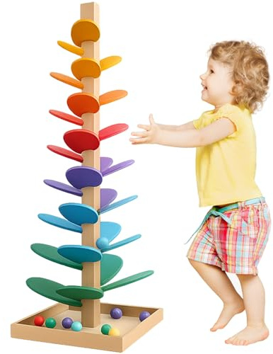 Murmelbahn Holz Klangbaum, Murmelbahn Regenbogen, Murmelturm Musikbaum Lernspielzeug, Holz Kugelbahn Klangbaum Große Kugeln ab 3 Jahren, Montessoris Spielzeug