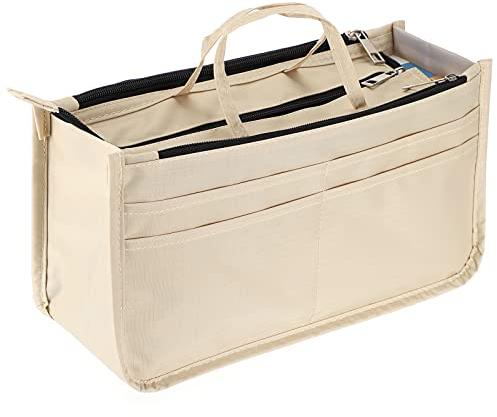 IGNPION bedruckter Handtaschen-Einsatz, Organizer mit 13 Taschen, erweiterbarer Beutel mit Reißverschluss, Einkaufstaschen-Organizer, Winckeltaschen-Einsatz mit Griff, beige (Beige) - IGN434