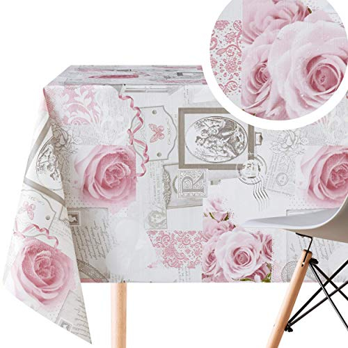 KP HOME Romantic English Rose PVC Wipe Clean Table Cloth 300x140cm | 118x55In - 10 Seats Wipeable Tablecloth - Waterproof Vinyl Oilcloth - Vintage Shabby Chic Dusty Pink Flowers on Off-white