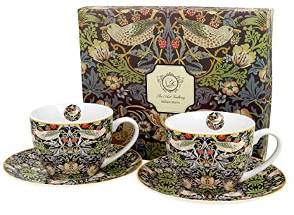 Duo Kollektion Art Gallery by William Morris EIN Satz von 2 Tassen mit Untertassen Strawberry Thief BLUE aus New Bone China Porzellan in Geschenkbox, Kaffeetasse, Füllmenge 280 ml