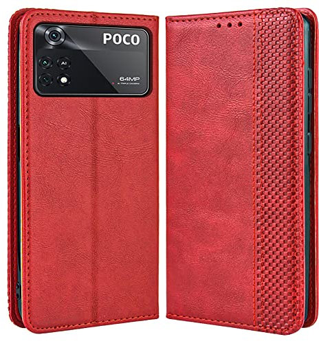 DOINK Cover in retrò Pelle per Xiaomi Poco M4 PRO (4G LTE 6.43), Premium Custodia in Portafoglio con Slot per Schede e Contanti - Rosso