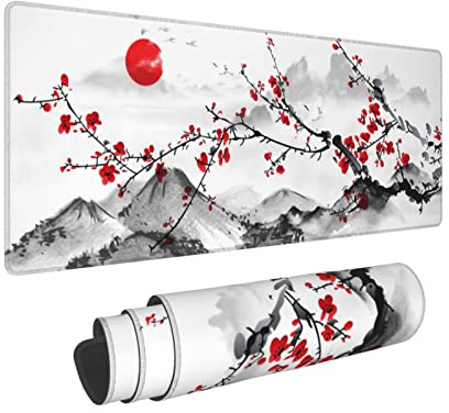 Watercolor Cherry Blossom Mauspad 80x20 cm, rosa Vollschreibtisch, japanisches Sakura-Mauspad, wasserdicht, große Tastaturmatte mit genähten Kanten für Gaming und Büro
