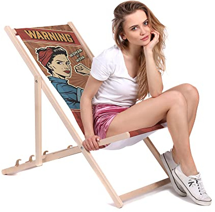 DreamRoots Liegestuhl klappbar Buchenholz, Warning | Klappliegestuhl Holz, Buchenholz, bis 130 kg, 3-fach verstellbar, waschbarer Polyesterbezug, für Garten & Terrasse