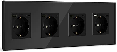 BSEED USB Steckdose Vierfach Schwarz Schuko Steckdose mit USB Anschluss (Max. 2.1A) Typ C Port Unterputz Steckdose Glas Schutzkontakt-Steckdose Ladegerät für Handys, Laptops etc