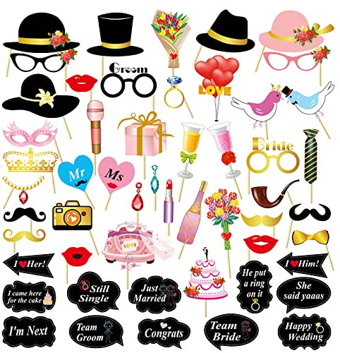 Wedding Photobooth Props Kit, VEGCOO 52 Pcs Engagement Wedding Photo Props Accessories, Wedding Selfie Props for Bridal Shower Wedding Party, 70 x 140 cm (WWJ-PD031)