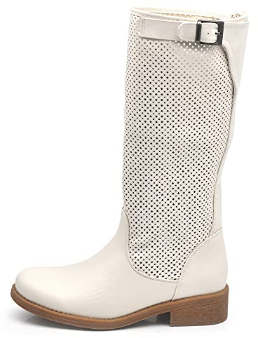 IF Fashion Stivali Stivaletti da Donna Biker Motociclista Traforati Primaverili Estivi con Fibbia LY70-4 Beige N.39