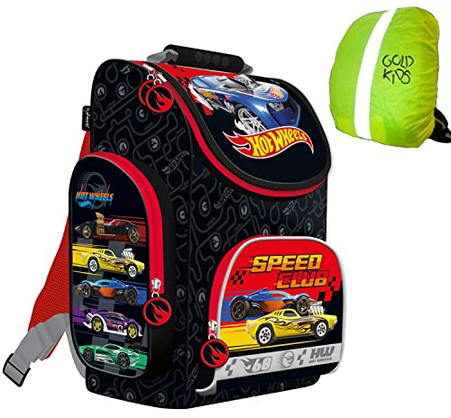 Goldkids Kinderrucksack Rucksack Schulrucksack Ranzen Tornister Hot Wheels Motiv ab 1. Klasse Grundschule inkl Regenschutz