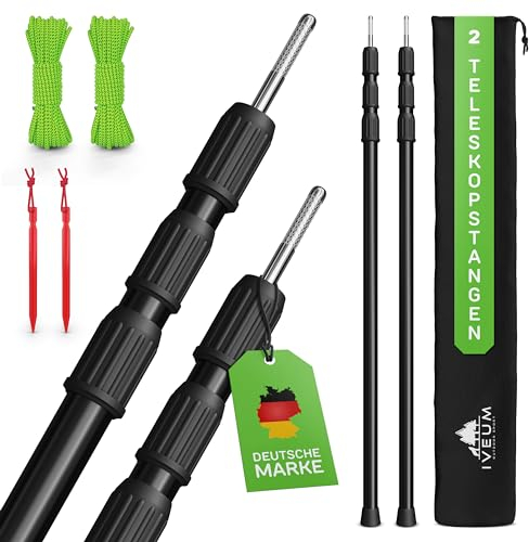 [4er Set Stangen SCHWARZ ] Robuste Sonnensegel Stangen – Zeltstangen inkl. Heringe, Schnüre und Tasche – Sonnensegel Teleskopstangen – Tarpstangen für Tarp…
