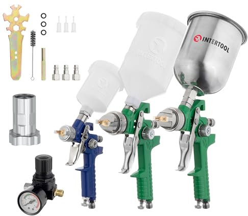 INTERTOOL HVLP Air Spray Gun Set, 2 Full Size and 1 Detail Gravity Feed Paint Guns, 0.8, 1.3, 1.7 mm Nozzles, Air Pressure Regulator, Disposable Cup Adapter PT08-1505