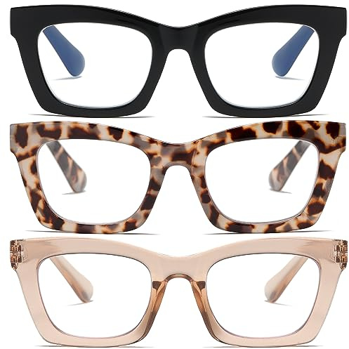 FSRTEP Stylish Readers for Women 3 Pack Reading Glasses with Blue Light Blocking and Spring Hinge HBK +2.0