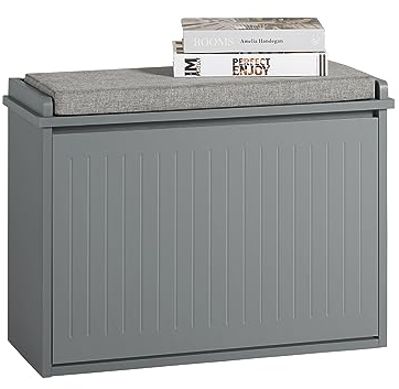 SoBuy Schuhschrank Schuhbank mit Sitzfläche, Schuhregal mit Stauraum, Klappe, Sitzkissen, bis 150 kg belastbar, für Flur, Wohnzimmer, 62x46x26 cm, Hellgrau FSR98-HG