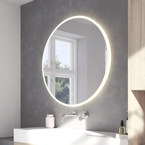 Loevschall Atlas Badspiegel mit Beleuchtung, Smart Mirror mit Touch-Schalter, Rundspiegel 80 cm, Badezimmerspiegel mit LED-Front- und Hintergrundbeleuchtung, Helligkeit Dimmbar, Warmweiß 3000K Licht