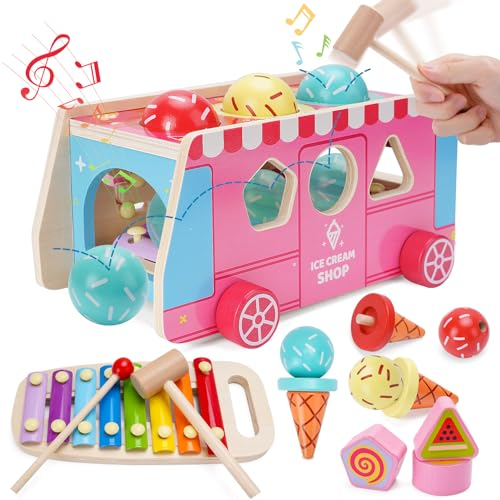 EIS Holzspielzeug ab 1 2 3 Jahr | Eisdiele Holz Spielzeug mit Xylophon Kinder 1 Jahr | Motorikspielzeug Geschenk ab 1 2 3 4 Jahre altes Mädchen Jungen