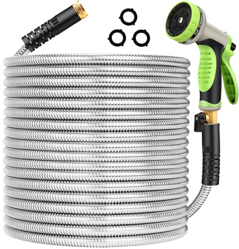 Frojuly Metall-Gartenschlauch, 7,6 m, Edelstahl-Wasserschlauch, robust, flexibel, leicht, langlebig, lang, knickfrei, Schläuche mit 10 Funktionen, starke 1,9 cm massive Messingverschraubung für den