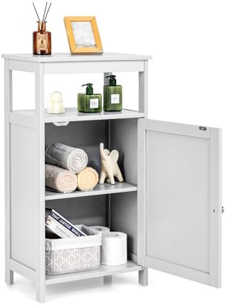 KOMFOTTEU Mueble de Baño con Estante Abierto y Armario con Puerta, Armario de Suelo con Estante Ajustable, Mueble Auxiliar para Salón, Cocina, Pasillo, 45 x 30 x 84 cm (Blanco)