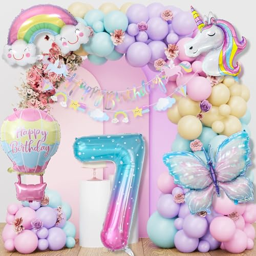 Einhorn Geburtstagsdeko für Mädchen - 7. Geburtstag Deko mit Luftballons für 1-10 Jahre Happy Birthday