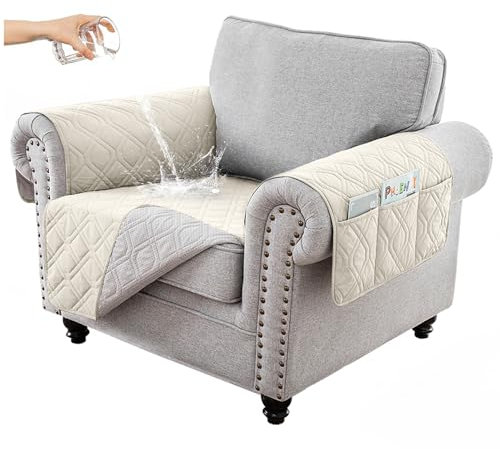 Hggzeg Sofabezug, 1-Sitzer, wasserdicht und rutschfest, Sofaschoner, Schonbezug mit Seitentasche, waschbarer Sofaschoner für Kinder/Haustiere (Beige)