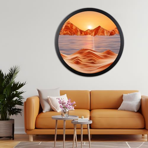Cadre Sable Mouvant, Sablier de Relaxation 3D Verre Rond, Image d'art de Sable en Mouvement, Peinture de Sable Qui Coule Paysage de Sable de La Mer Profonde pour la Maison, le Bureau, le Café