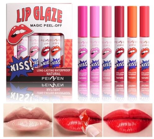 6Pcs/set 6 Colors Peel Off Lip Stain Lip Tint,Waterproof Long-Lasting Tear-off Lip Gloss,Peel Reveal Lip Stain,Peel Off Tattoo Lipsticks,Nonstick Cup Lip Gloss, Tattoo Magic Color Lip Set